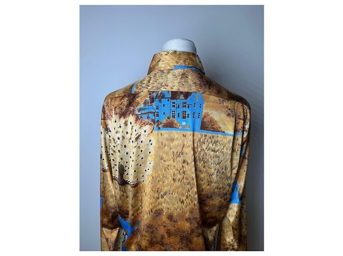 Vintage Givenchy Seidenhemd für Herren mit Print Häuser Bäume Gold Braun Blau L Golden - Ansicht 13