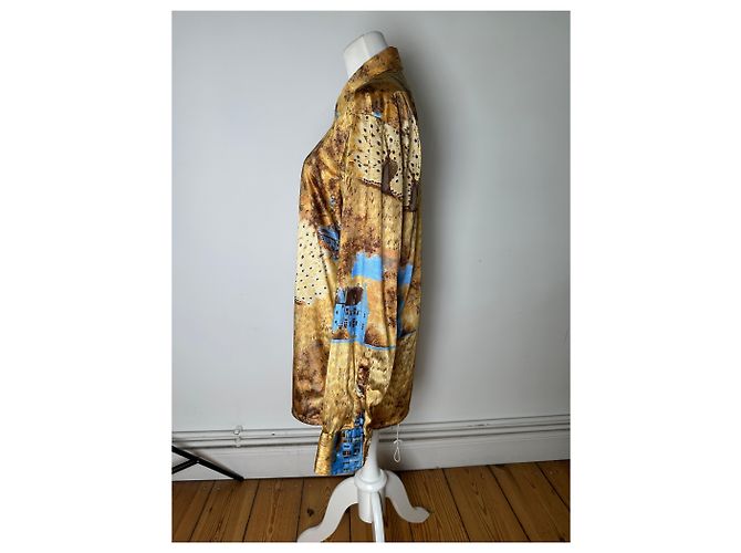 Vintage Givenchy Seidenhemd für Herren mit Print Häuser Bäume Gold Braun Blau L Golden - Ansicht 2