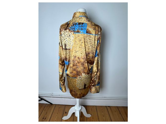 Vintage Givenchy Seidenhemd für Herren mit Print Häuser Bäume Gold Braun Blau L Golden - Ansicht 3