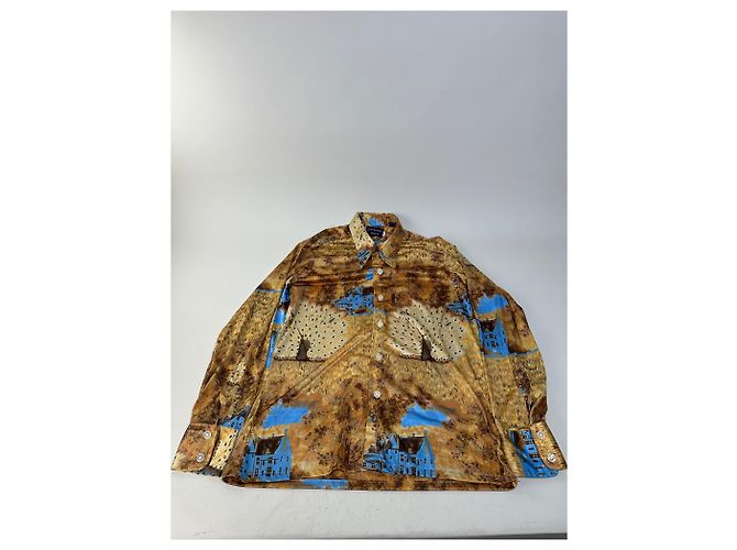 Vintage Givenchy Seidenhemd für Herren mit Print Häuser Bäume Gold Braun Blau L Golden - Ansicht 4