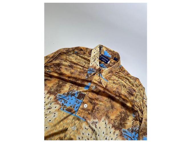 Vintage Givenchy Seidenhemd für Herren mit Print Häuser Bäume Gold Braun Blau L Golden - Ansicht 5