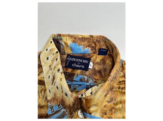 Vintage Givenchy Seidenhemd für Herren mit Print Häuser Bäume Gold Braun Blau L Golden - Ansicht 6