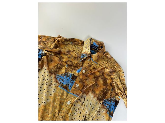 Vintage Givenchy Seidenhemd für Herren mit Print Häuser Bäume Gold Braun Blau L Golden - Ansicht 7