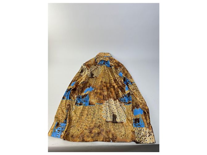 Vintage Givenchy Seidenhemd für Herren mit Print Häuser Bäume Gold Braun Blau L Golden - Ansicht 9