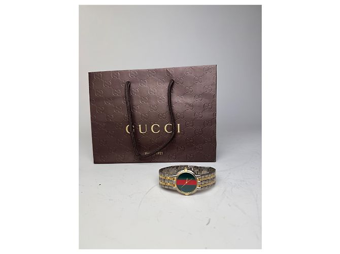Vintage Gucci Web Stripe Armbanduhr Grün Rot Gold - Ansicht 4