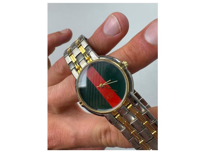 Vintage Gucci Web Stripe Armbanduhr Grün Rot Gold - Ansicht 5