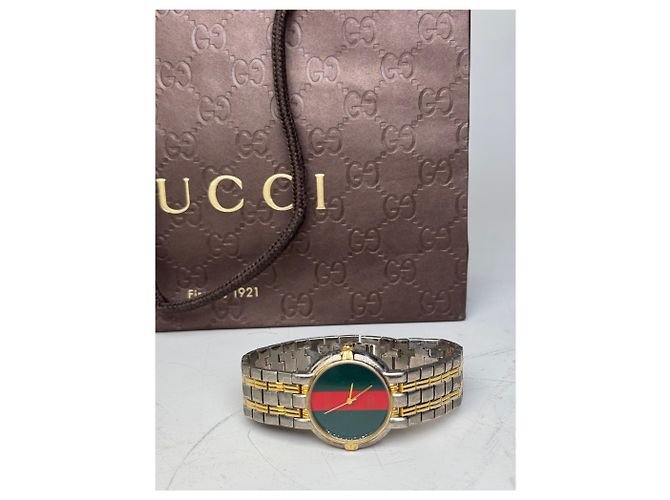 Vintage Gucci Web Stripe Armbanduhr Grün Rot Gold - Ansicht 8