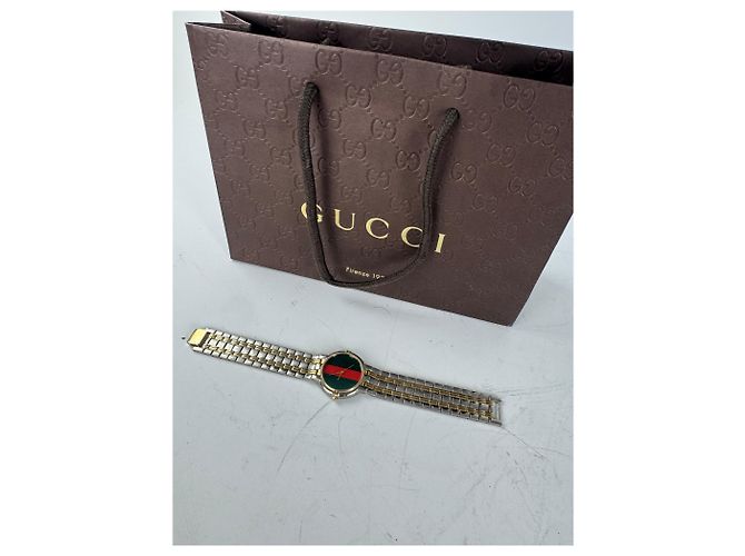 Vintage Gucci Web Stripe Armbanduhr Grün Rot Gold - Ansicht 9