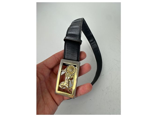 Edge Céline Vintage Celine Ledergürtel Pferd und Kutsche Schwarz Gold Silber - Ansicht 2