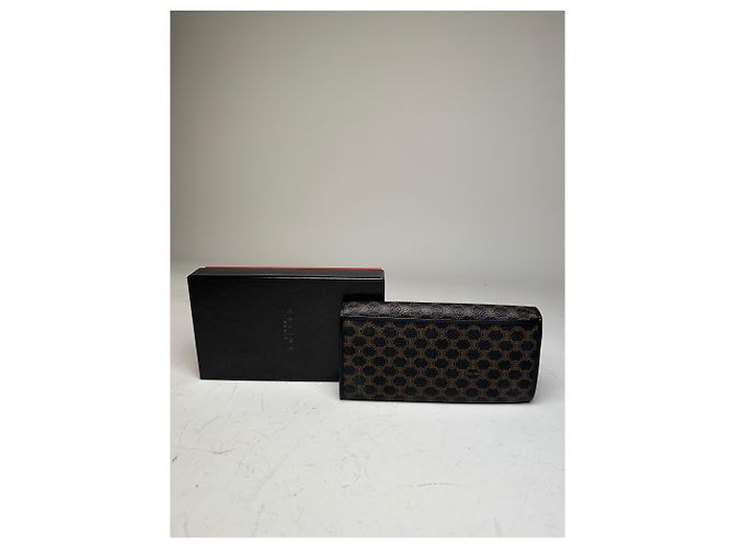 Triomphe Céline Vintage Celine Monogram Canvas Wallet Black Brown Gold - view 2