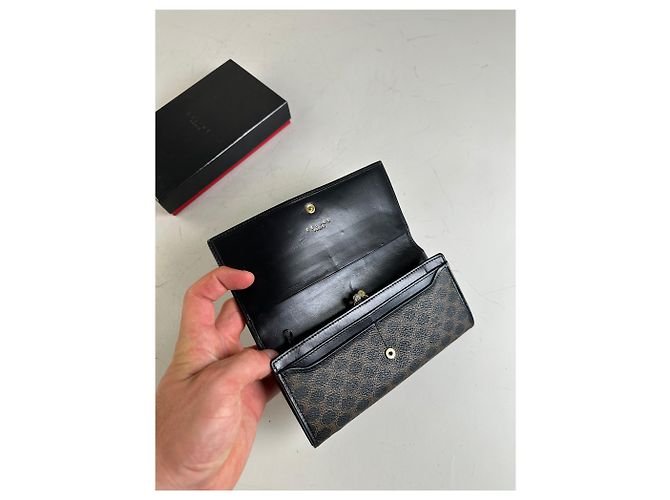 Triomphe Céline Vintage Celine Monogram Canvas Wallet Black Brown Gold - view 4