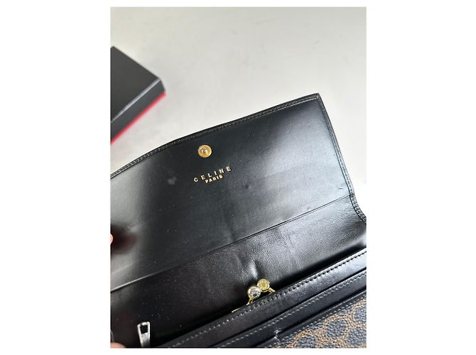 Triomphe Céline Vintage Celine Monogram Canvas Wallet Black Brown Gold - view 5