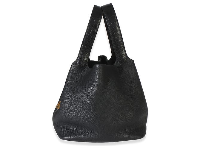 Hermès Picotin Lock 22 Black Clemence Matte Alligator GHW Negro - vista 3