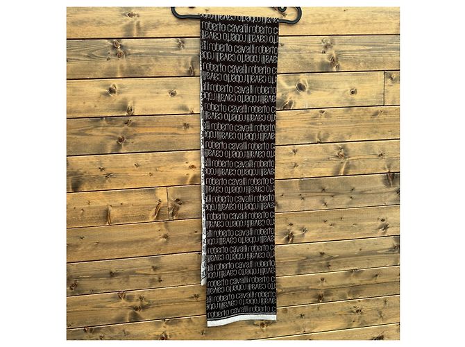 Sciarpa in lana Roberto Cavalli Logo Jacquard Nero Bianco - vista 3