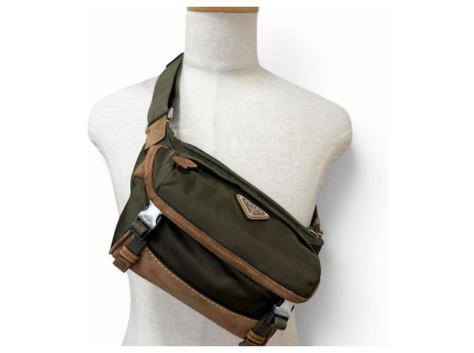 Borsa a tracolla Prada Re-Nylon in nylon e pelle scamosciata con logo triangolare Marrone Cachi - vista 3