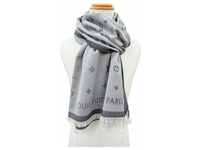 Stola Louis Vuitton in cotone grigio con frange Marrone - vista 4