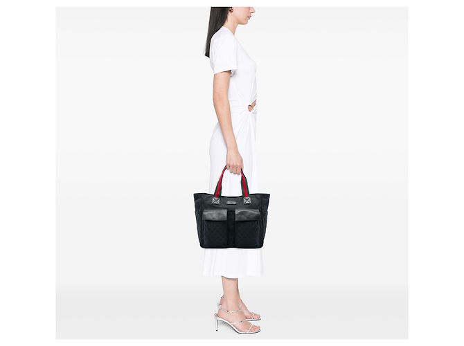 Tote Gucci Black GG Canvas Web Double Pockets Nero - vista 5