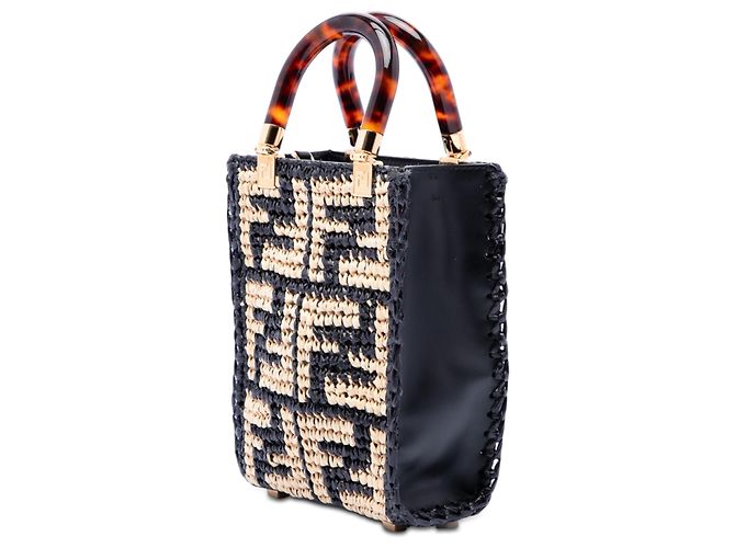 Fendi Mini Borsa Shopper Sunshine in Raffia Zucca Nero - vista 2
