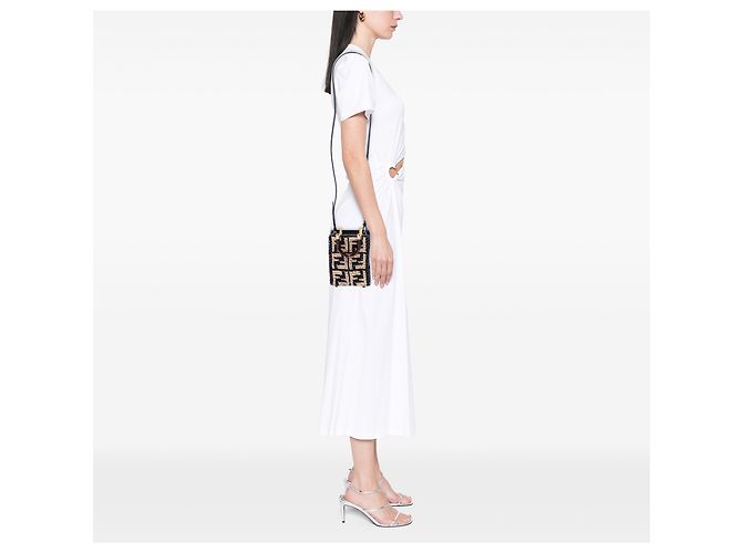 Fendi Mini Borsa Shopper Sunshine in Raffia Zucca Nero - vista 5
