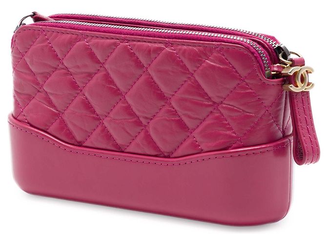 Pochette Gabrielle Chanel à matelassage en cuir de veau vieilli rose avec double fermeture éclair et chaîne - vue 2