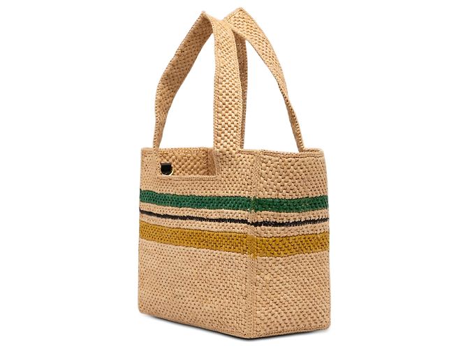 LOEWE Tote Paulas Ibiza Medium in rafia beige a righe con logo - vista 2