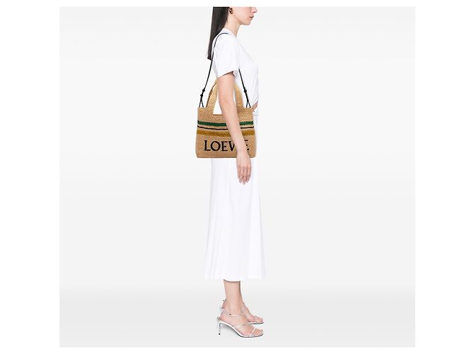 LOEWE Tote Paulas Ibiza Medium in rafia beige a righe con logo - vista 6