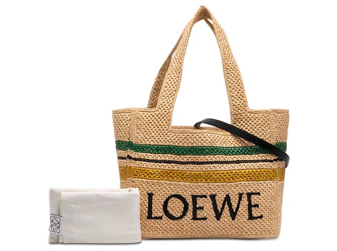 LOEWE Tote Paulas Ibiza Medium in rafia beige a righe con logo - vista 7