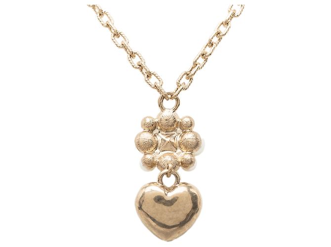 Collana con pendente Chanel Gold CC placcato oro con fiore di perle finte e cuore in strass D'oro - vista 3