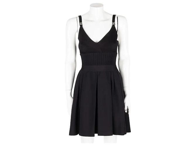 Chanel Schwarzes Viskose-Mix Camisole Kleid mit CC-Logo - Ansicht 2