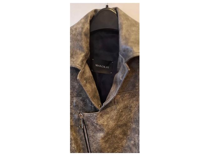 Autre Marque MANOKHI Cropped Leder-Bikerjacke Braun Grau - Ansicht 2
