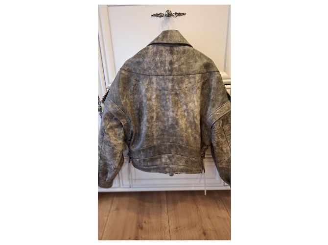 Autre Marque MANOKHI Cropped Leder-Bikerjacke Braun Grau - Ansicht 3