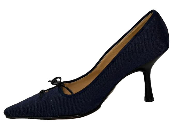 Timeless Décolleté Chanel con dettaglio fiocco CC in cotone blu navy - vista 4