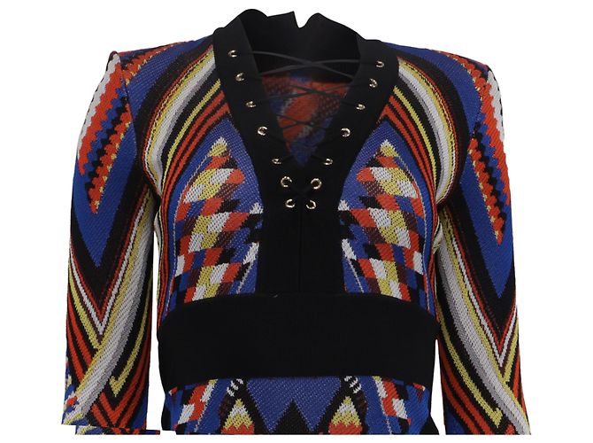 Mini abito Balmain con motivo tribale e lacci in viscosa multicolore - vista 2