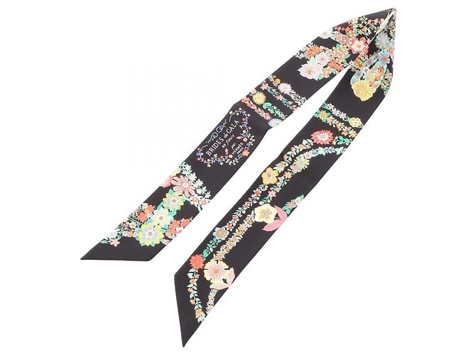 Hermès Hermes Twilly Brides de Gala en Fleurs Eyeliner Ribbon Scarf Nero Bianco Multicolore - vista 2