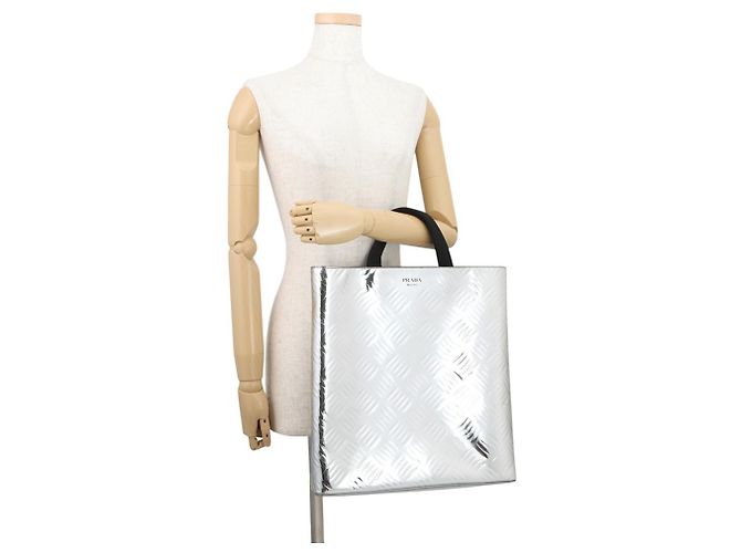 Borsa Tote Prada argento in tela e pelle - vista 4