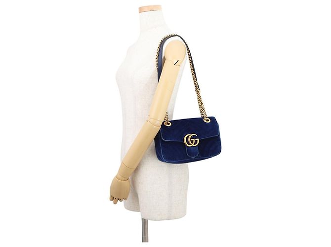 Borsa Gucci GG Marmont Chevron in Velluto Blu - vista 4