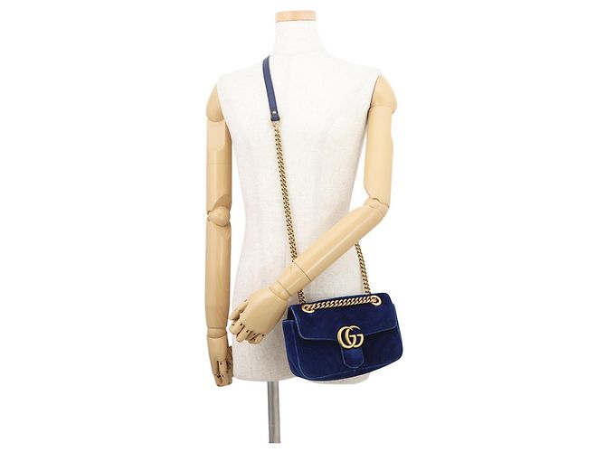 Borsa Gucci GG Marmont Chevron in Velluto Blu - vista 5