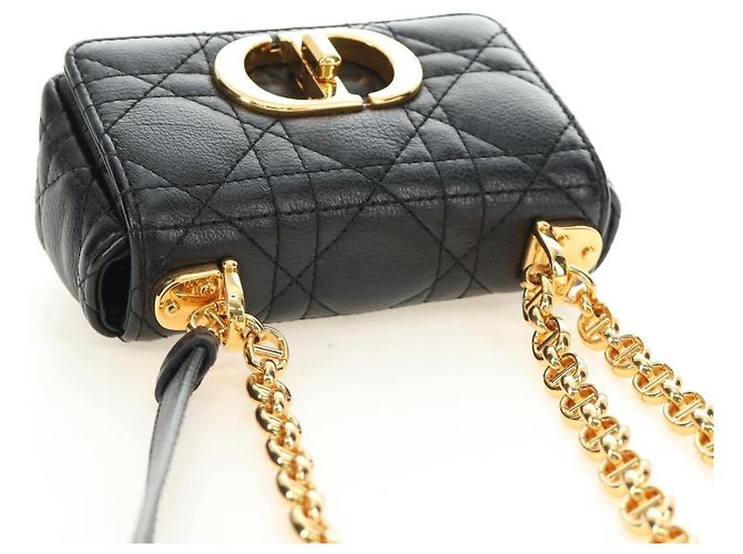 Christian Dior Cannage Caro Chain Pouch Pelle di Agnello Nero Oro Auth 186459SAM D'oro - vista 6