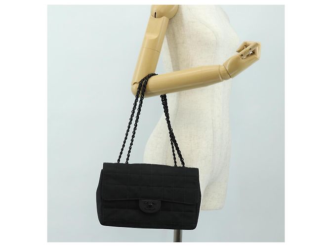 CHANEL Choco Bar Chain New Travel Line Bag Canvas Black CC Auth 187224SAV Nero - vista 29