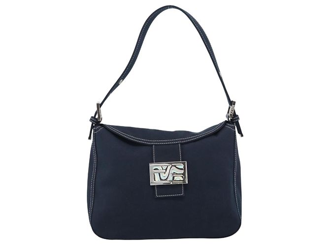 Borsa a tracolla FENDI Mamma Baguette in tela blu navy e argento Auth 187955V - vista 13