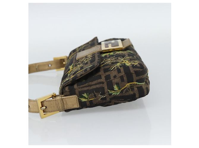FENDI Zucca Canvas Mamma Baguette Shoulder Bag Black Gold Brown Auth 187451SM Marrone Nero D'oro - vista 3