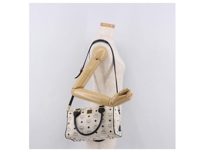 Borsa Boston MCM Vicetos Logogramma PVC Pelle 2way White Gold Auth 188869 Bianco D'oro - vista 25