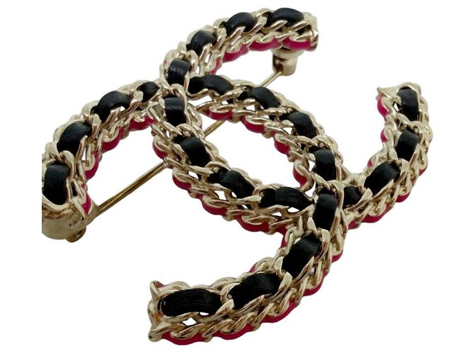 Spilla Chanel CC Nera Rosa Oro e Pelle Nero D'oro - vista 2