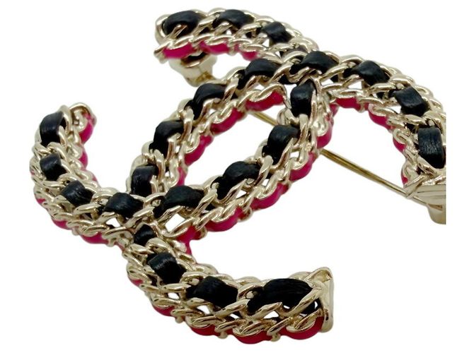Spilla Chanel CC Nera Rosa Oro e Pelle Nero D'oro - vista 3