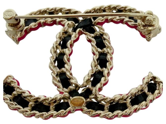 Spilla Chanel CC Nera Rosa Oro e Pelle Nero D'oro - vista 4