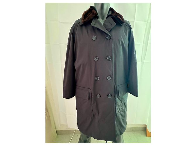 Burberry Abrigo de lana negro doble botonadura con cuello de pelo - vista 2