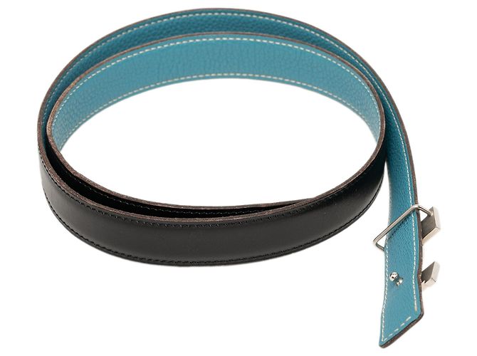 Cintura reversibile Hermès Constance H in pelle Box e Togo nera Blu chiaro - vista 4