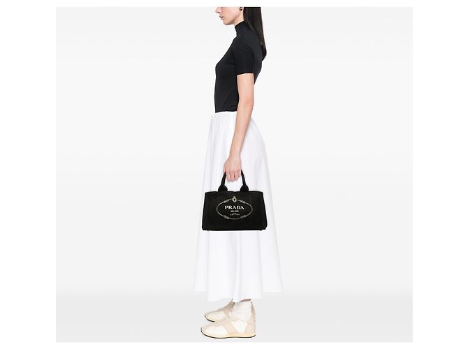 Tote in tela canapa nera con logo Prada Nero - vista 6