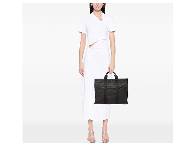 Hermès Gray Canvas Herline MM Marrone Grigio antracite - vista 6
