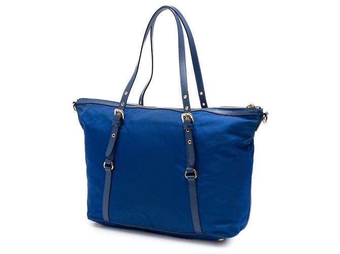 Borsa Tote Convertible Prada Blue Saffiano Trimmed Tessuto Zip Top - vista 2